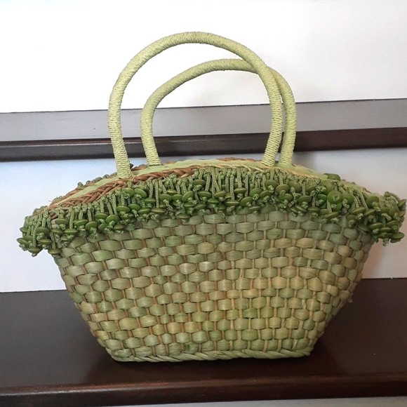 Handbags - & Green woven beach tote bag purse with bead accents